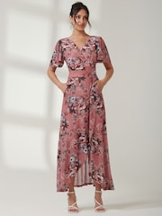 Jolie Moi Pink Printed Mesh Frill Dip Hem Dress - Image 1 of 7