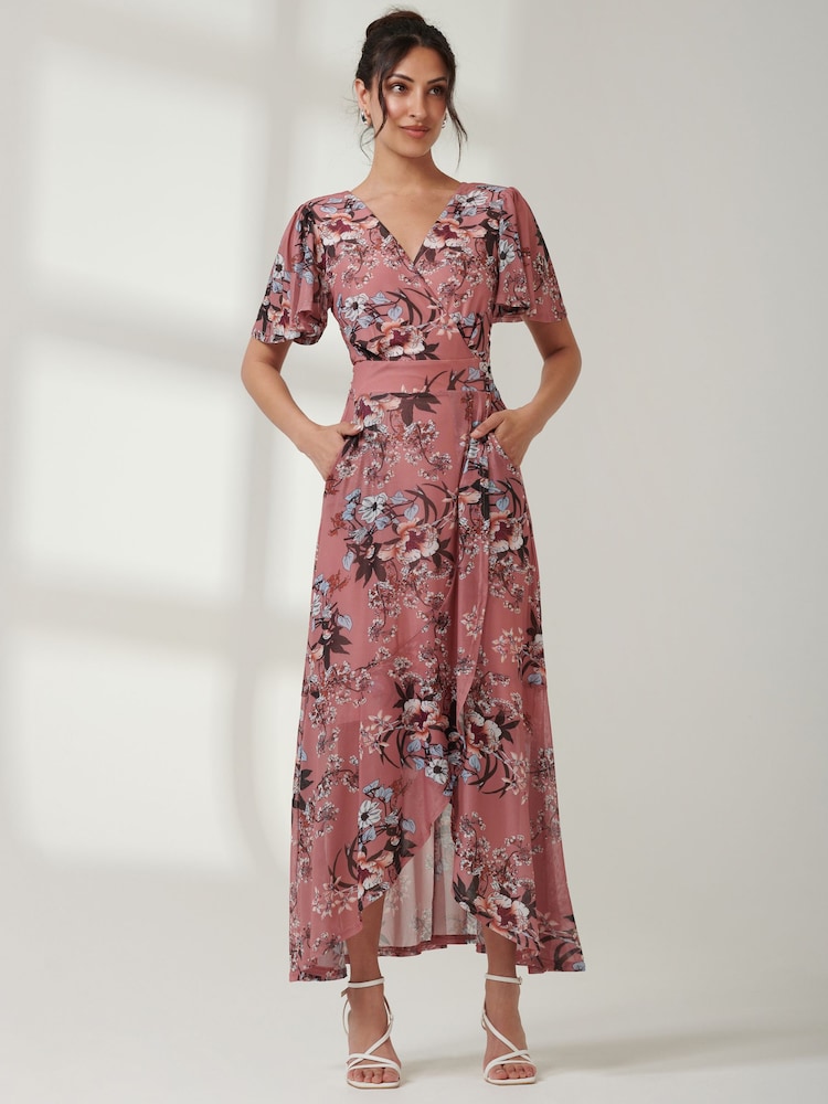 Jolie Moi Pink Printed Mesh Frill Dip Hem Dress - Image 1 of 7