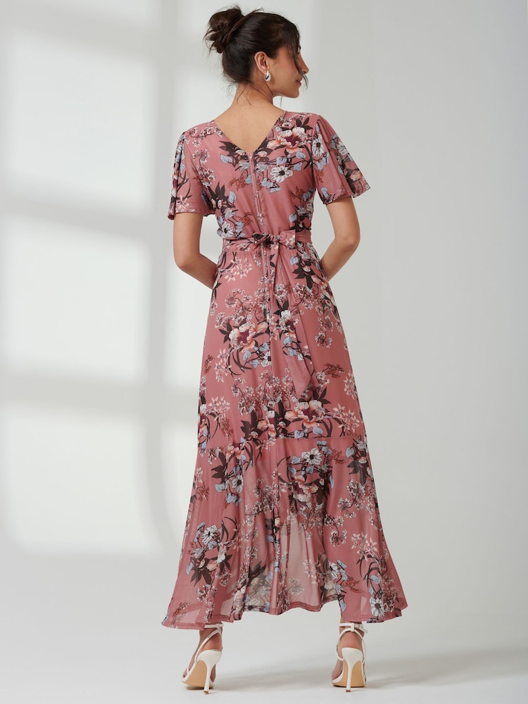 Jolie Moi Pink Printed Mesh Frill Dip Hem Dress - Image 2 of 7