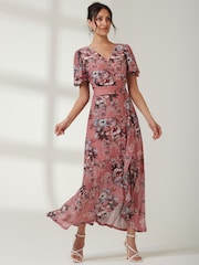Jolie Moi Pink Printed Mesh Frill Dip Hem Dress - Image 5 of 7
