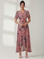 Jolie Moi Pink Printed Mesh Frill Dip Hem Dress - Image 6 of 7