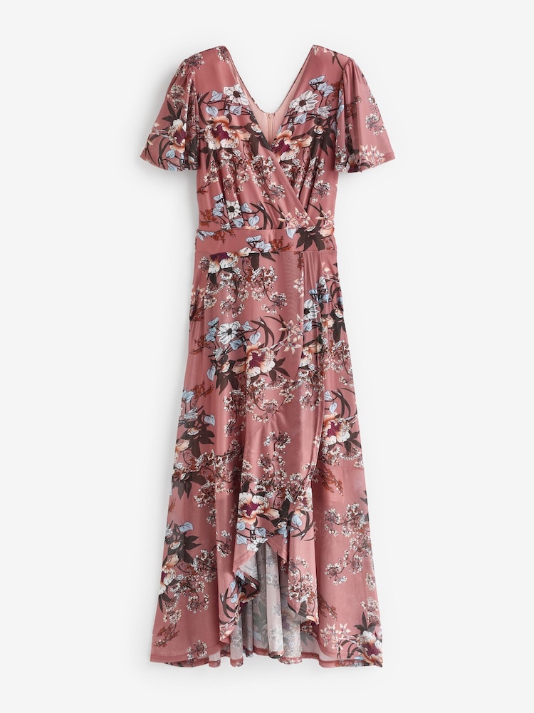 Jolie Moi Pink Printed Mesh Frill Dip Hem Dress - Image 7 of 7