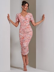 Jolie Moi Dark Pink Angel Sleeve Ruched Mesh Midi Dress - Image 1 of 7