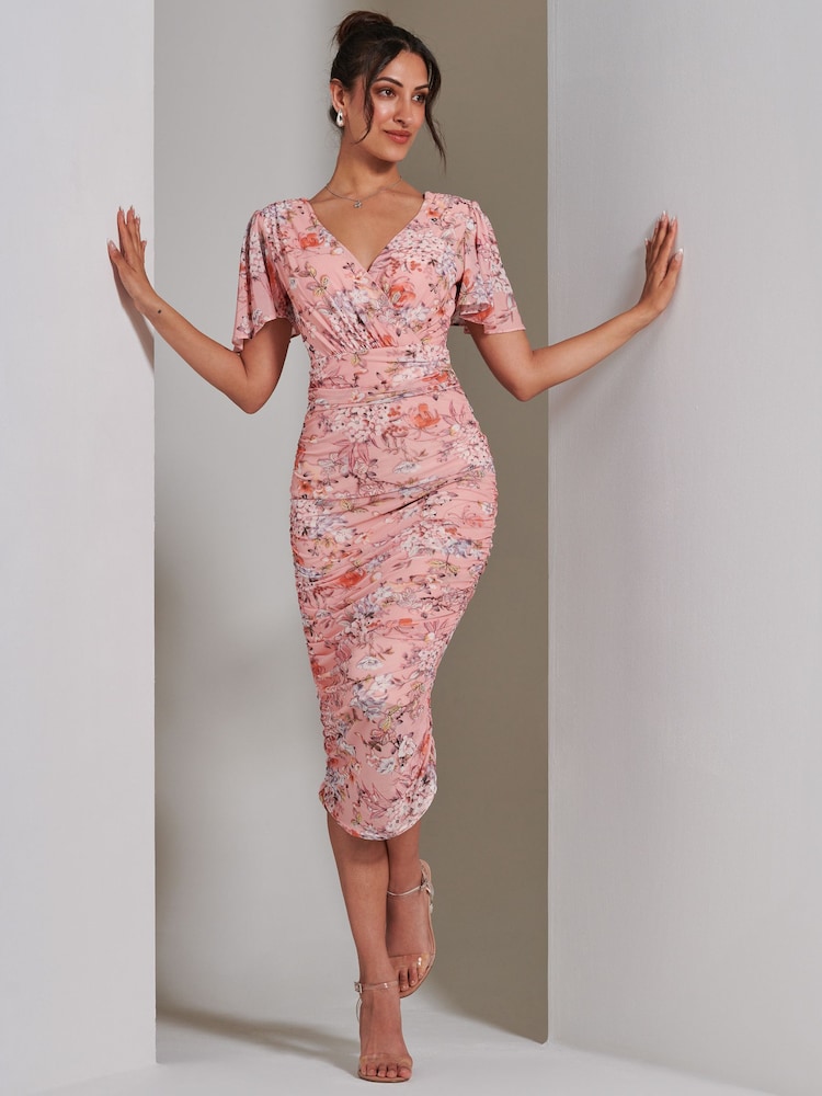 Jolie Moi Dark Pink Angel Sleeve Ruched Mesh Midi Dress - Image 1 of 7