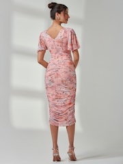 Jolie Moi Dark Pink Angel Sleeve Ruched Mesh Midi Dress - Image 2 of 7