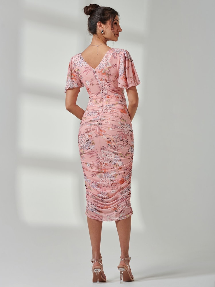 Jolie Moi Dark Pink Angel Sleeve Ruched Mesh Midi Dress - Image 2 of 7