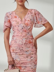 Jolie Moi Dark Pink Angel Sleeve Ruched Mesh Midi Dress - Image 3 of 7