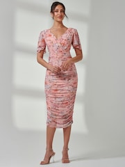 Jolie Moi Dark Pink Angel Sleeve Ruched Mesh Midi Dress - Image 4 of 7