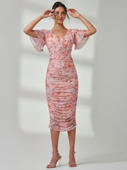Jolie Moi Dark Pink Angel Sleeve Ruched Mesh Midi Dress - Image 5 of 7
