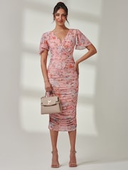 Jolie Moi Dark Pink Angel Sleeve Ruched Mesh Midi Dress - Image 6 of 7