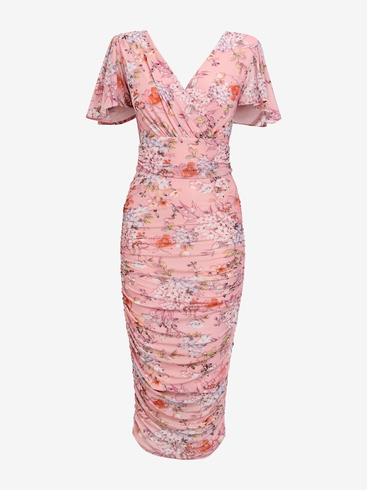 Jolie Moi Dark Pink Angel Sleeve Ruched Mesh Midi Dress - Image 7 of 7
