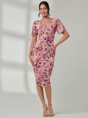 Jolie Moi Aqua/Pink Wrap Front Mesh Bodycon Dress - Image 1 of 5
