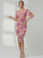 Jolie Moi Aqua/Pink Wrap Front Mesh Bodycon Dress - Image 3 of 5