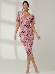 Jolie Moi Aqua/Pink Wrap Front Mesh Bodycon Dress - Image 4 of 5