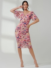 Jolie Moi Aqua/Pink Wrap Front Mesh Bodycon Dress - Image 5 of 5