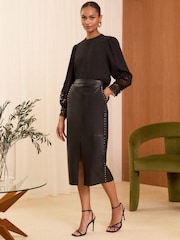 Love & Roses Faux Leather Midi Pencil Fuste - Imaginea 3 din 4