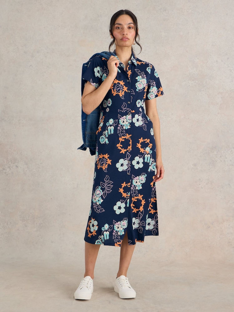 White Stuff Navy Print Rua Jersey Shirt Dress - Image 1 of 6