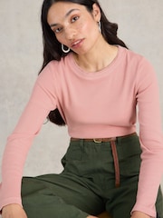 White Stuff Pink Sadie Long Sleeve Rib T-Shirt - Image 4 of 7