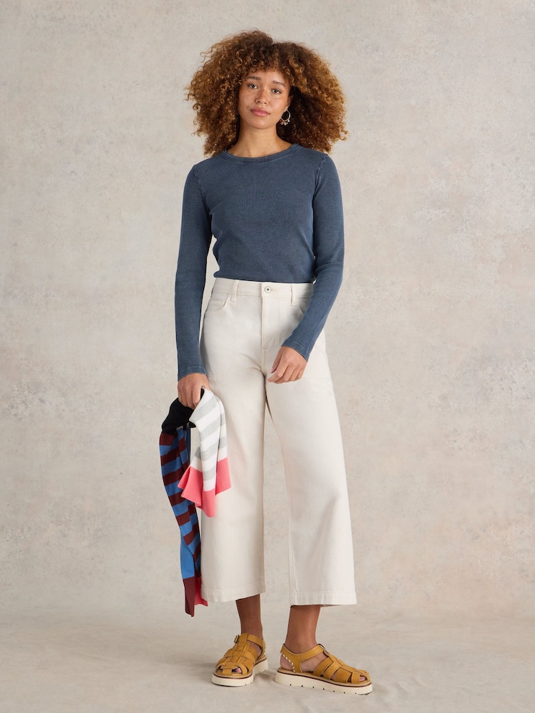 White Stuff Blue Sadie Long Sleeve Rib T-Shirt - Image 1 of 6