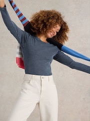 White Stuff Blue Sadie Long Sleeve Rib T-Shirt - Image 3 of 6