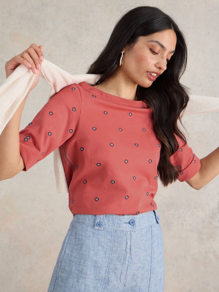 White Stuff Pink Sydney Embroidered Boat Neck 100% Cotton Top - Image 1 of 6