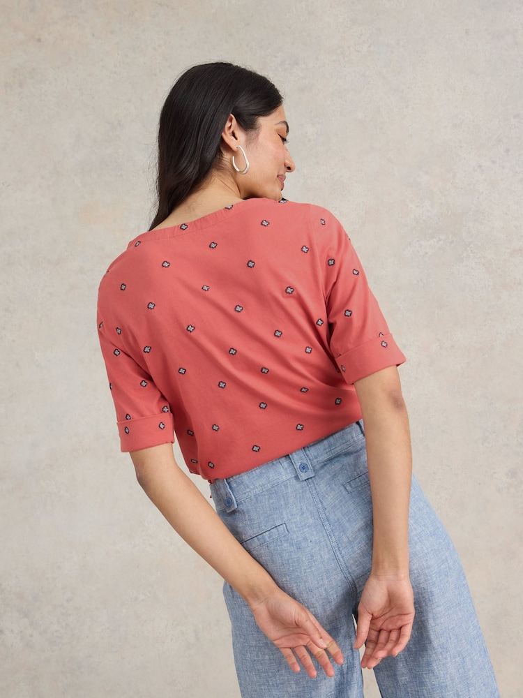 White Stuff Pink Sydney Embroidered Boat Neck 100% Cotton Top - Image 2 of 6