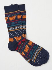 FatFace Navy Highland Cow Fairisle Pattern Socks - Image 1 of 2