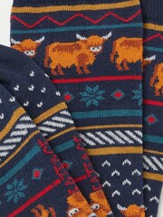 FatFace Navy Highland Cow Fairisle Pattern Socks - Image 2 of 2