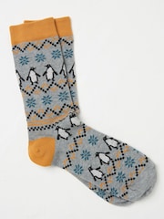 FatFace Grey Mens Penguin Fairisle Pattern Socks 1 Pack - Image 1 of 2