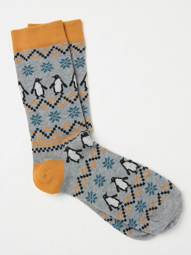 FatFace Grey Mens Penguin Fairisle Pattern Socks 1 Pack - Image 1 of 2
