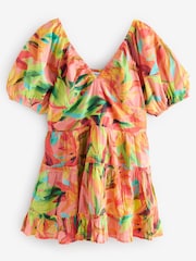 Orange Tropical Printed V-Neck Short 100% Cotton Midi Dress - Image 1 of 1