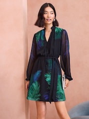 Love & Roses Black Printed Feather Print Notch Neck Sleeved Mini Dress - Image 1 of 4
