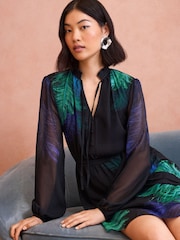 Love & Roses Black Printed Feather Print Notch Neck Sleeved Mini Dress - Image 2 of 4