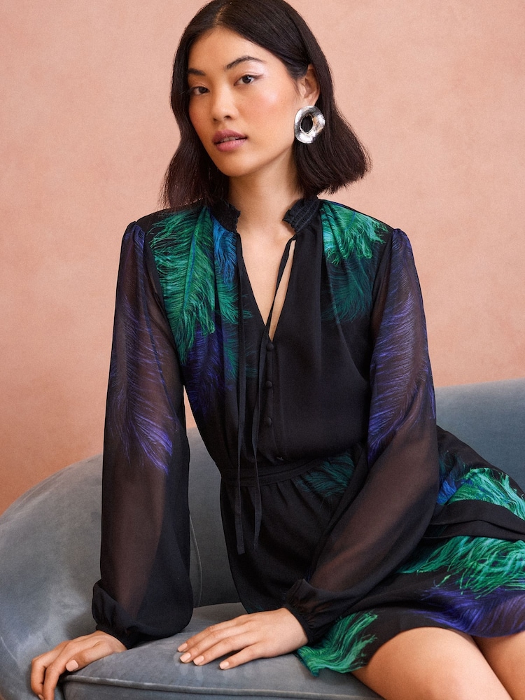 Love & Roses Black Printed Feather Print Notch Neck Sleeved Mini Dress - Image 2 of 4