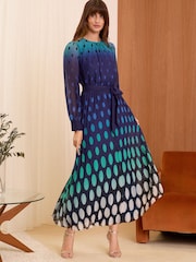 Love & Roses Blue Printed Belted Pleated Long Sleeve Midi Dress - Image 1 of 4