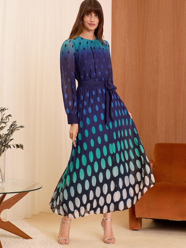 Love & Roses Blue Printed Belted Pleated Long Sleeve Midi Dress - Image 1 of 4