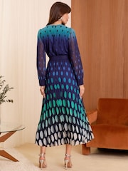 Love & Roses Blue Printed Belted Pleated Long Sleeve Midi Dress - Image 2 of 4