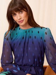 Love & Roses Blue Printed Belted Pleated Long Sleeve Midi Dress - Image 3 of 4