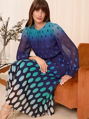 Love & Roses Blue Printed Belted Pleated Long Sleeve Midi Dress - Image 4 of 4