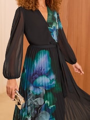 Love & Roses Black Placement Floral Pleated Midi Dress - Image 2 of 4