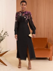 Love & Roses Black Placement Floral Printed Long Sleeve Midi Dress - Image 1 of 4