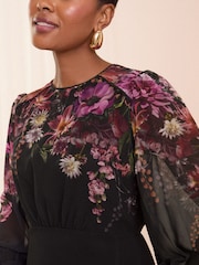 Love & Roses Black Placement Floral Printed Long Sleeve Midi Dress - Image 2 of 4