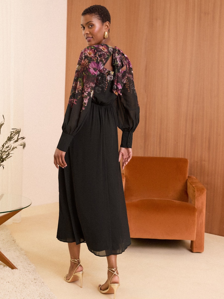 Love & Roses Black Placement Floral Printed Long Sleeve Midi Dress - Image 4 of 4