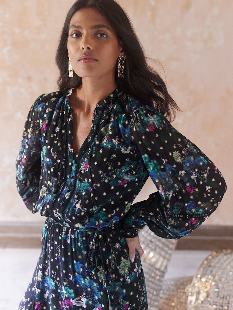 ENB | Love & Roses Black Printed Metallic Tie Front Midaxi Dress With Long Sleeves - Image 2 of 4