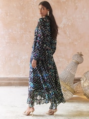 ENB | Love & Roses Black Printed Metallic Tie Front Midaxi Dress With Long Sleeves - Image 3 of 4