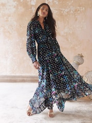 ENB | Love & Roses Black Printed Metallic Tie Front Midaxi Dress With Long Sleeves - Image 4 of 4