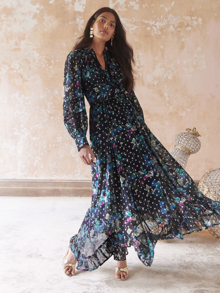 ENB | Love & Roses Black Printed Metallic Tie Front Midaxi Dress With Long Sleeves - Image 4 of 4
