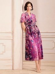 Love & Roses Pink V Neck Pleated Midi Dress - Image 3 of 5