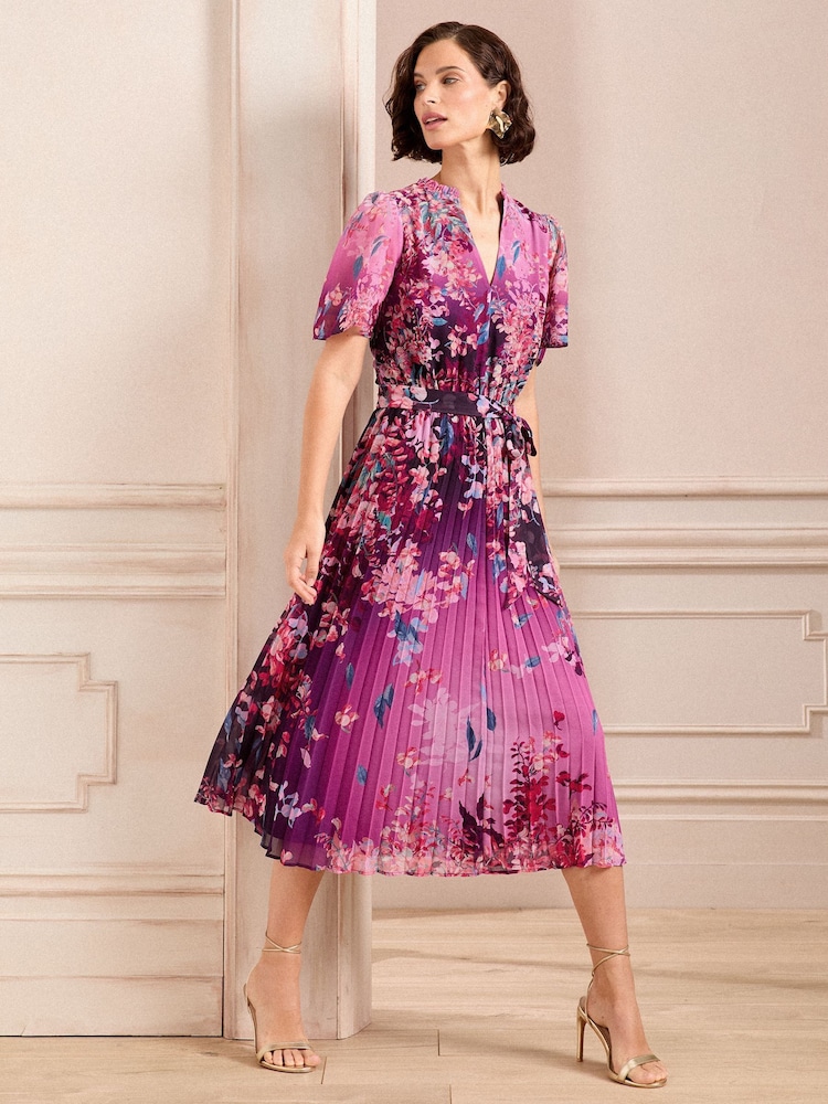 Love & Roses Pink Petite V Neck Pleated Midi Dress - Image 1 of 5 Love & Roses Pink Petite V Neck Pleated Midi Dress - Image 1 of 5
