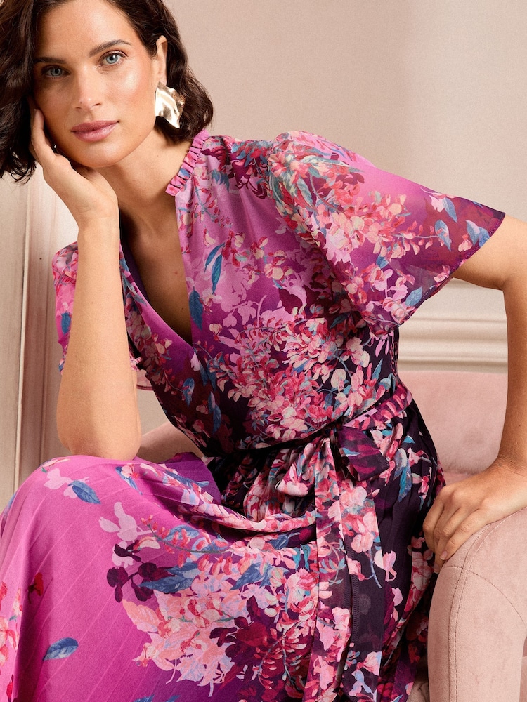 Love & Roses Pink Petite V Neck Pleated Midi Dress - Image 2 of 5